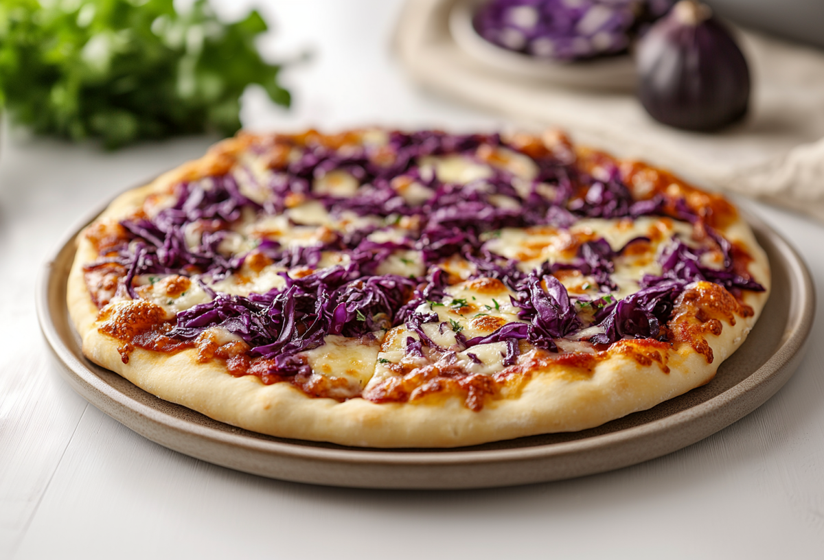 Eine Rotkohlpizza mit Käse auf einem Teller, drumherum unscharf ein paar Zutaten.