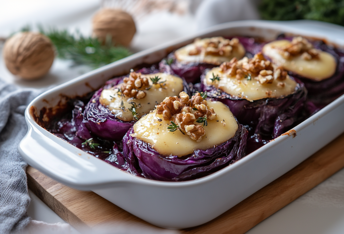 Rotkohlsteaks mit Camembert überbacken und Walnüssen bestreut in einer Auflaufform.