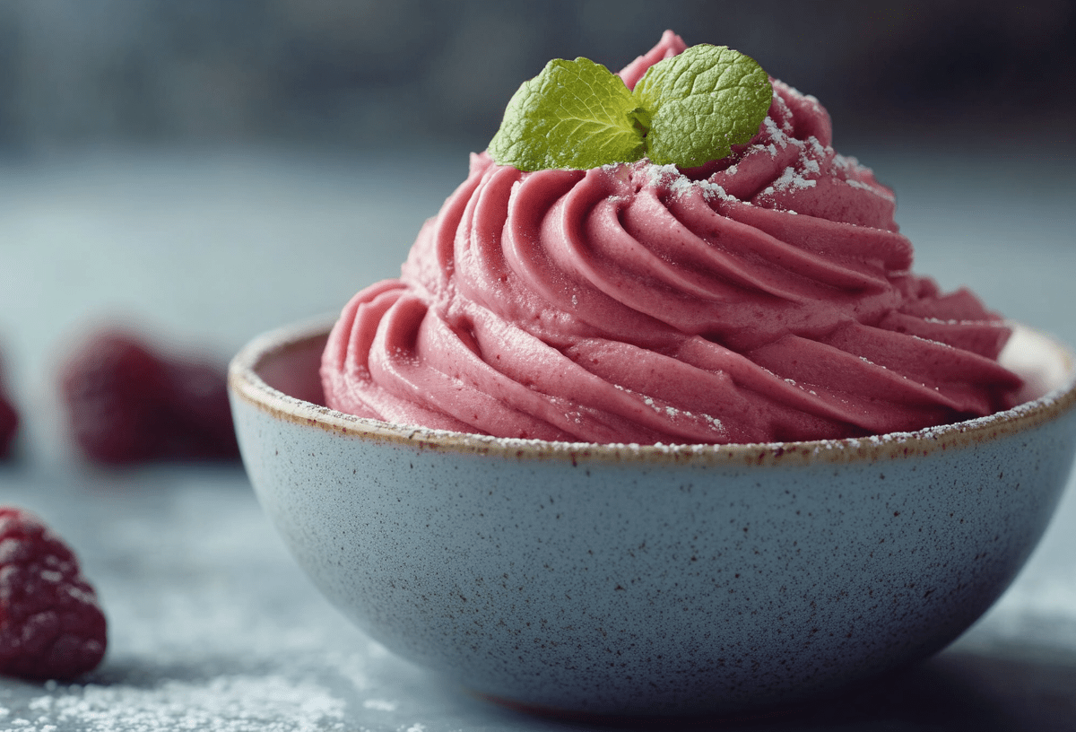 Rotwein-Mousse in einer Schale garniert mit Minze.