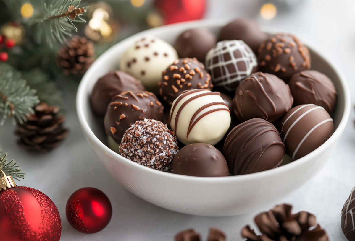 Eine Schale mit Spekulatius-Kugeln mit Schokolade überzogen. Drumherum Weihnachtsdekoration.