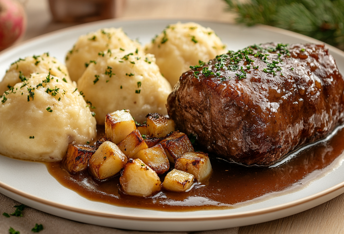 Ein Teller mit Klößen, Braten und Steckrüben-Lebkuchen-Soße.