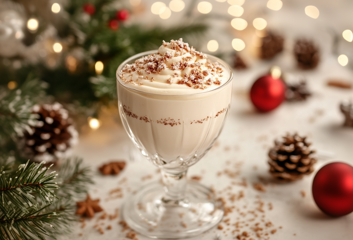 Ein Glas Vanillekipferl-Mousse mit Kekskrümeln bestreut, daneben Weihnachtsdeko.