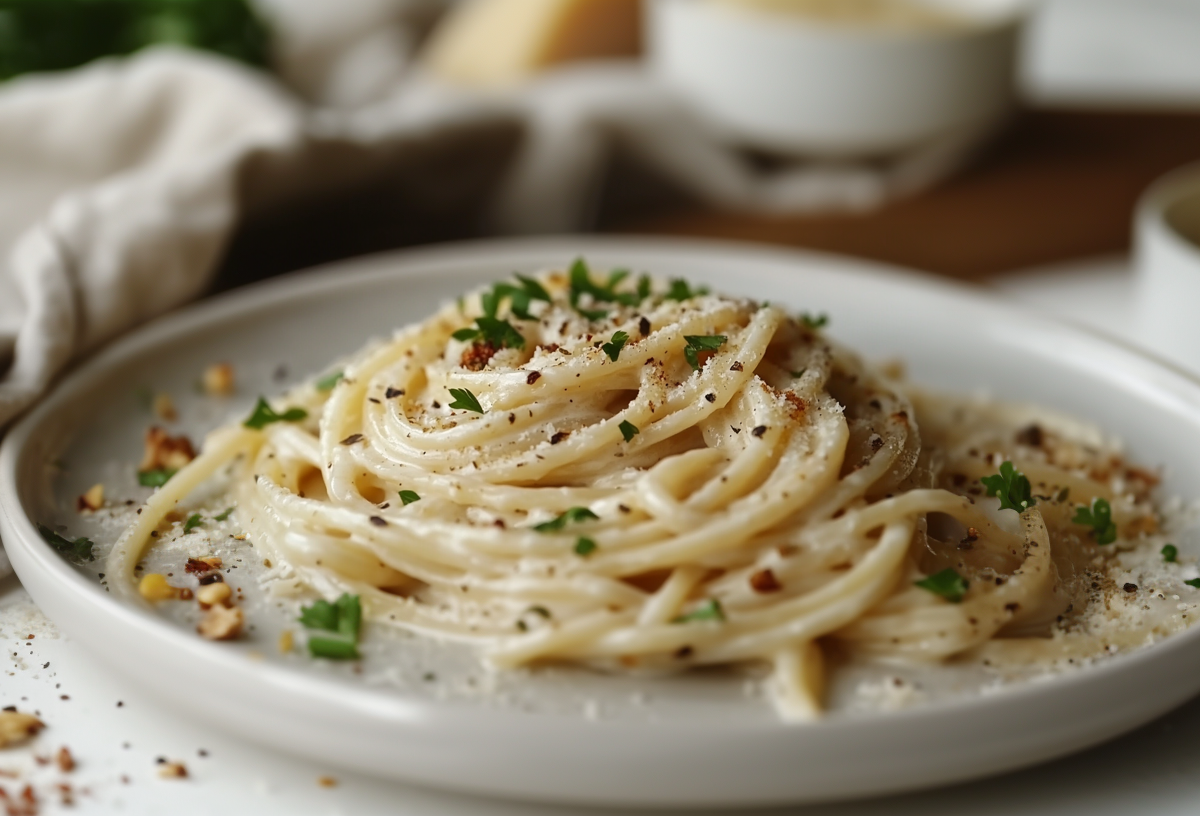 Ein Teller vegane Carbonara mit Petersilie bestreut, unscharf im Hintergrund Zutaten.