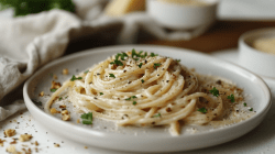 Ein Teller vegane Carbonara mit Petersilie bestreut, unscharf im Hintergrund Zutaten.