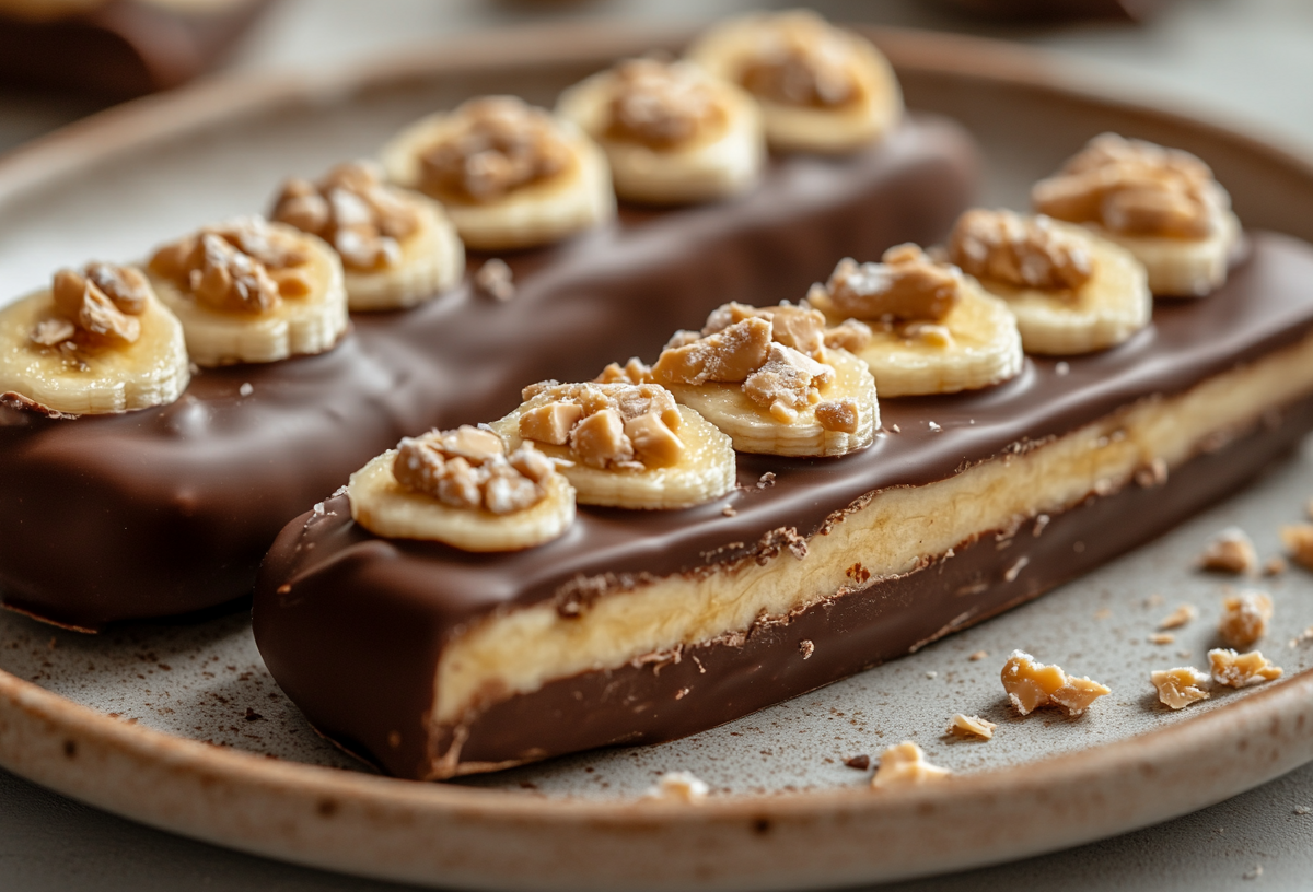 2 Riegel vegane Snickers-Schokolade garniert mit Bananen und gehackten Nüssen auf einem Teller.