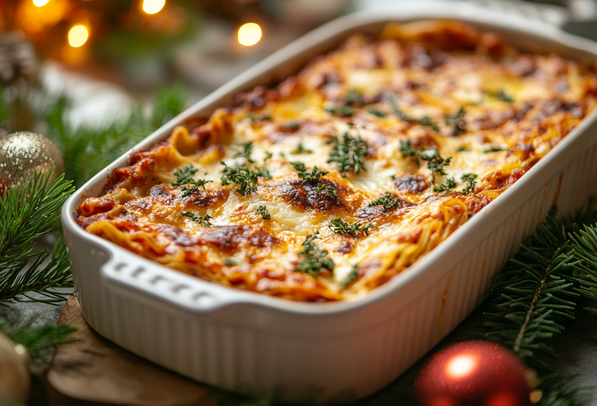 Weihnachtslasagne in weißer Auflaufform, umgeben von Weihnachtsdekoration.
