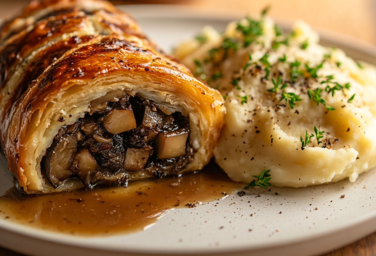 Ein Teller mit Wellington-Braten mit Pilzfüllung, Kartoffelpüree und Soße.