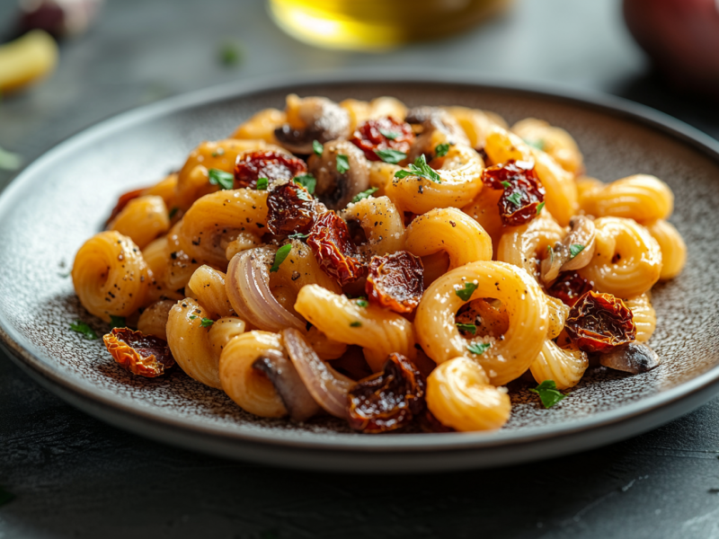 Ein Teller Zwiebelpasta mit getrockneten Tomaten und Kräutern, drumherum unscharf einige Zutaten.
