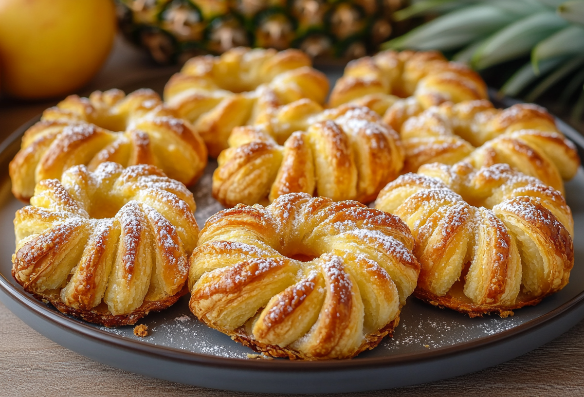 Ein paar Ananas-Blätterteig-Donuts auf einem Teller, im Hintergrund einige Zutaten unscharf zu erkennen.