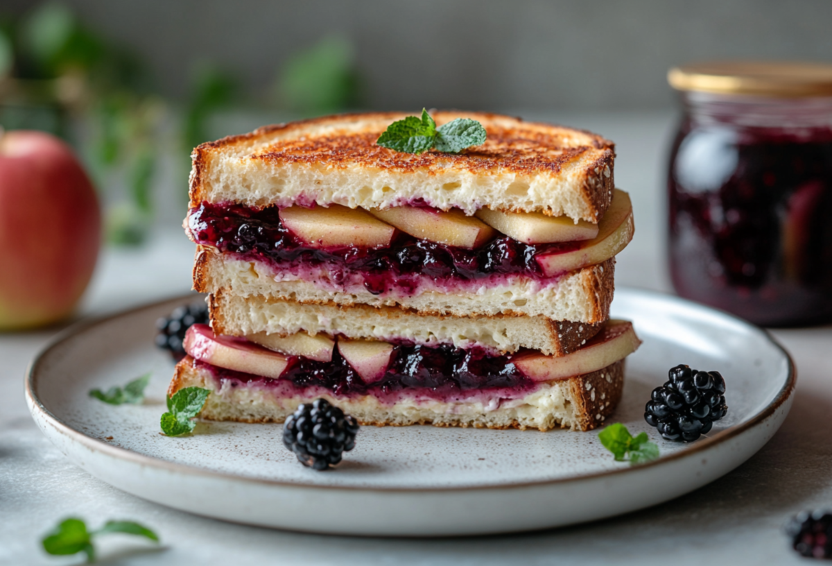 Apfel-Camembert-Sandwiches mit Marmelade auf einem Teller, drumherum ein paar Zutaten.