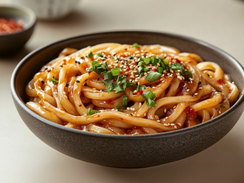 Eine Schüssel mit asiatischen Kartoffelnudeln mit Chiliöl.
