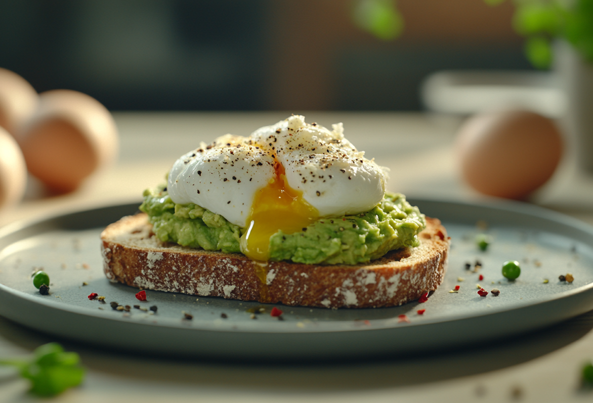 Avocado-Toast mit pochiertem Ei auf einem Teller, im Hintergrund unscharf einige Eier.