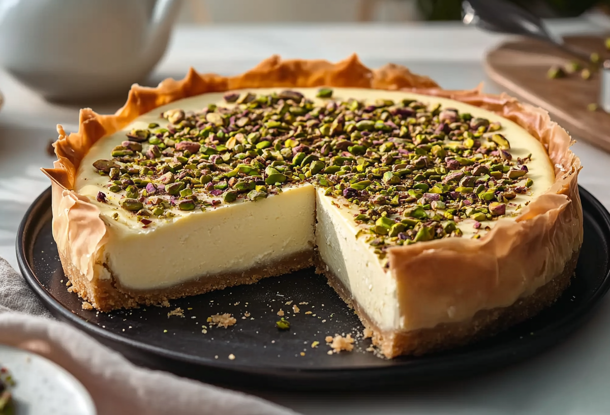 Baklava-Cheesecake auf einem schwarzen Teller. Der Cheesecake ist mit Pistazien bestreut. Im Vordergrund liegt ein Tuch sowie ein Teller mit mehr Pistazien. Im Hintergrund liegt ein kleines Brett mit mehr gehackten Pistazien.