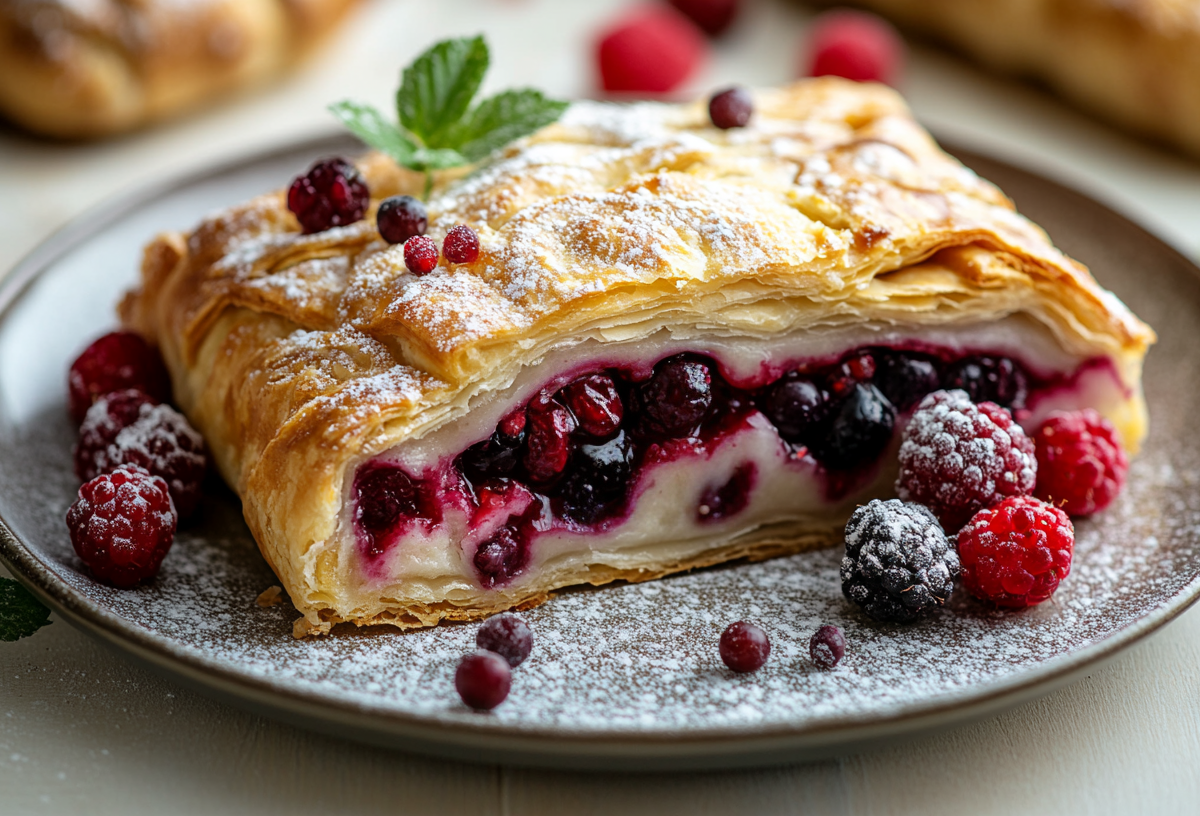 Ein Stück Beeren-Quark-Strudel auf einem Teller, bestreut mit Puderzucker. Drumherum einige frische Beeren.