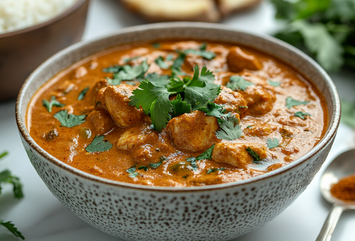 Eine Schale Butter-Chicken-Suppe garniert mit Koriander, daneben ein Löffel und einige Gewürze.