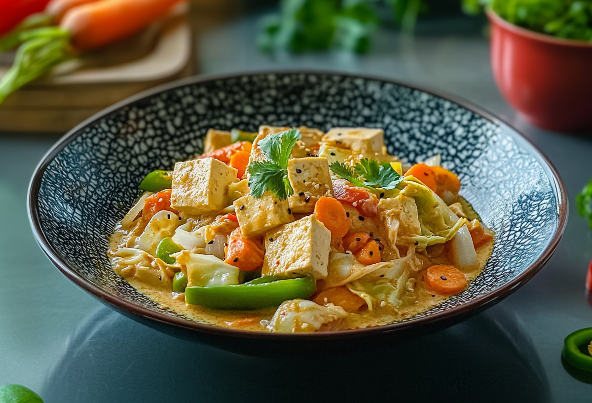 Chinakohl-Curry in einer dunklen Schale. Das Curry ist mit Chinakohl, grüner Paprika, Möhren, Tofu sowie schwarzen und weißen Sesamsamen zubereitet. Rechts neben der Schale liegen noch abgeschnittene Ringe einer grünen und roten Paprika, sowie etwas Petersilie. Hinten rechts steht ein Topf mit Petersilie. Hinten links liegt ein Brett mit weiteren Karotten.