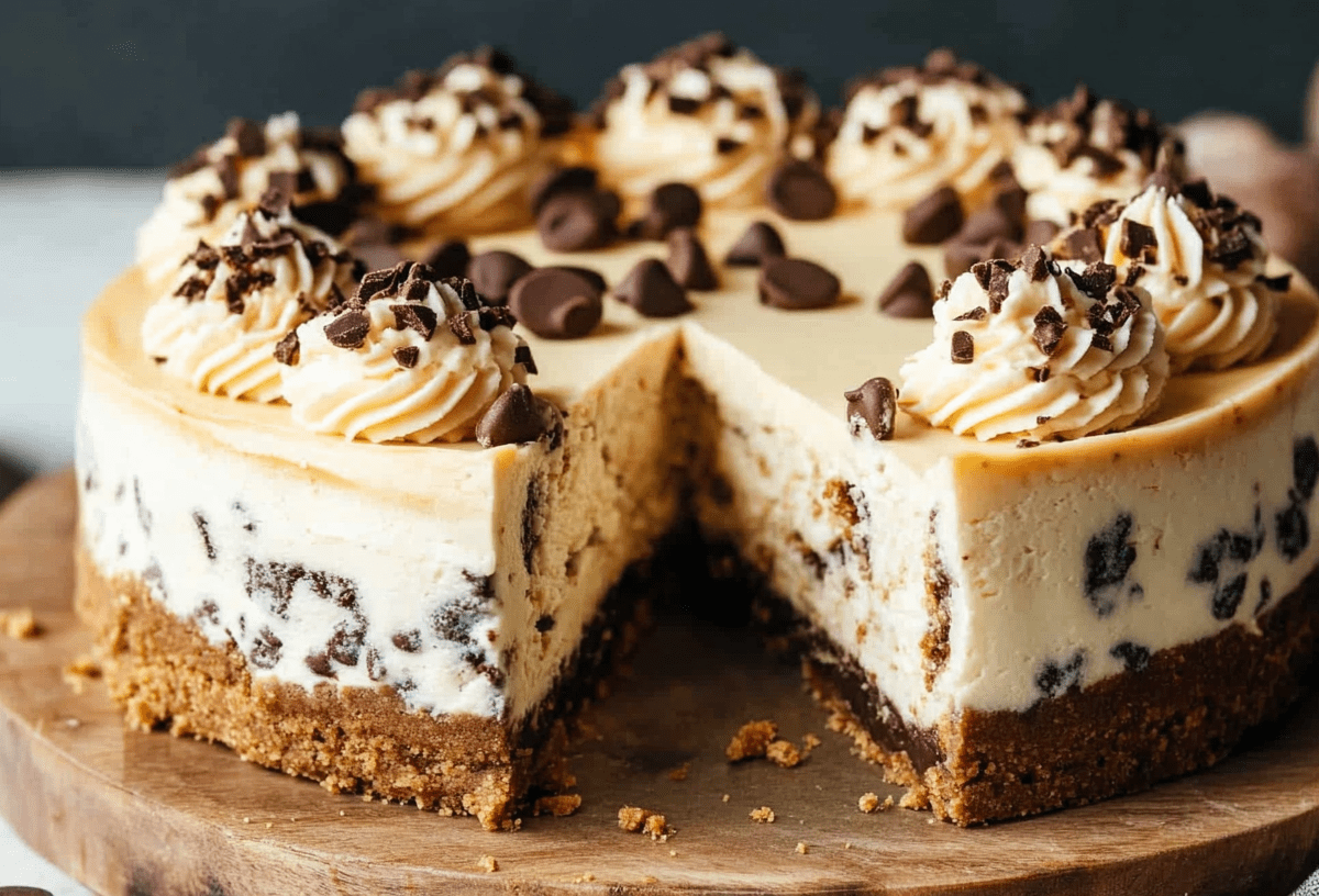 Cookie Dough Cheesecake, von dem ein Stück abgeschnitten wurde.