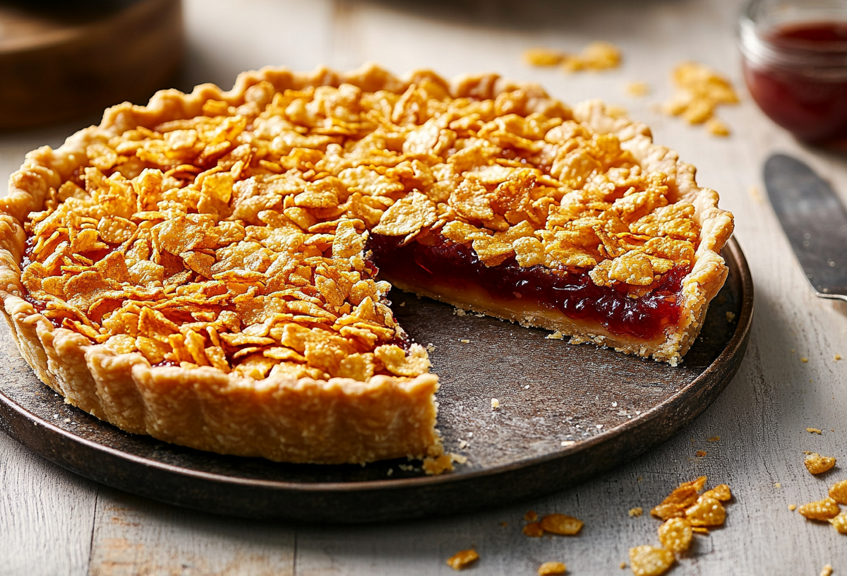 Cornflake-Tart, von der ein Stück entnommen wurde, auf einem Kuchenteller.