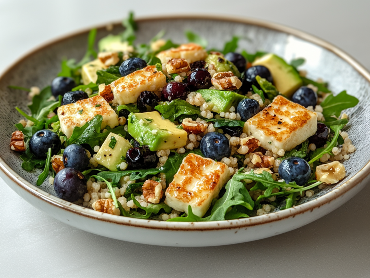 Ein großer Teller Couscous-Salat mit Halloumi und Blaubeeren. Der Teller steht auf einer hellen Arbeitsfläche. Im Salat sind außerdem noch Avocadostücke, Rucola und kleine Walnussstücke.