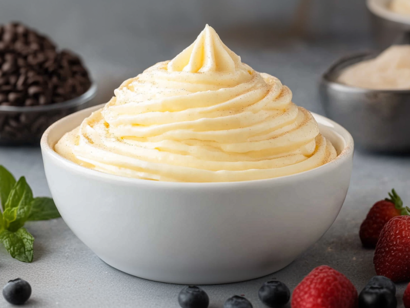 Diplomatencreme in einer weißen schale. Drum herum verteilt liegen verschiedene Beeren.