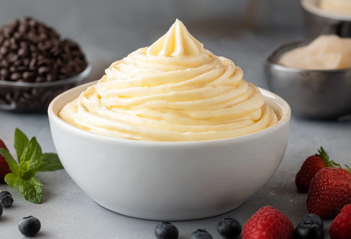 Diplomatencreme in einer weißen schale. Drum herum verteilt liegen verschiedene Beeren.