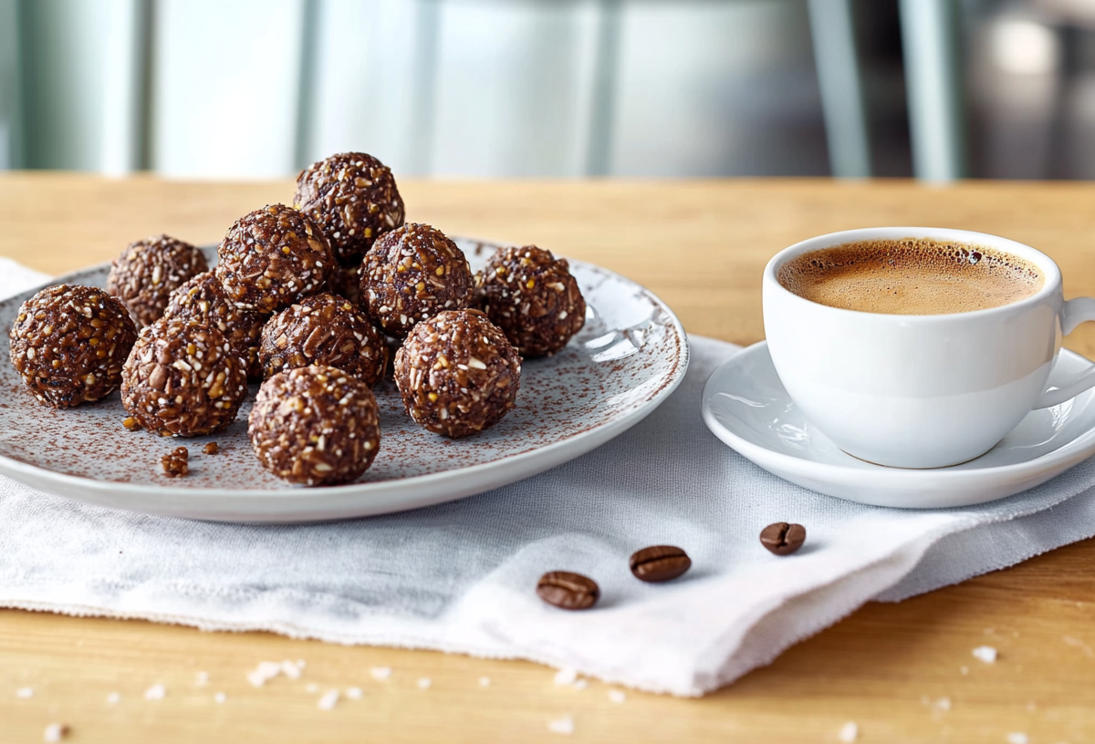 Ein Teller voller Espresso-Energyballs steht auf einem weißen Tuch auf einem Tisch. Rechts daneben steht eine Tasse Espresso. Auf dem Tuch liegen drei Kaffeebohnen. Im Hintergrund sieht man die Lehnen von Stühlen.