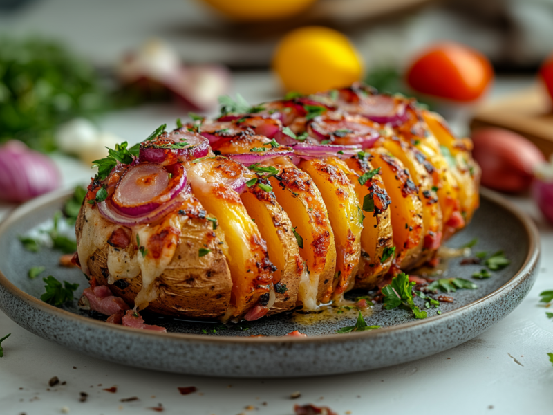 Eine Fächerkartoffel mit Raclettekäse, Schinken und roten Zwiebeln auf einem Teller, drumherum frische Zutaten.