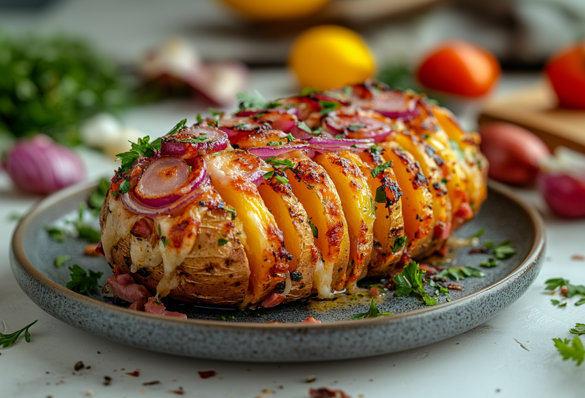 Eine Fächerkartoffel mit Raclettekäse, Schinken und roten Zwiebeln auf einem Teller, drumherum frische Zutaten.