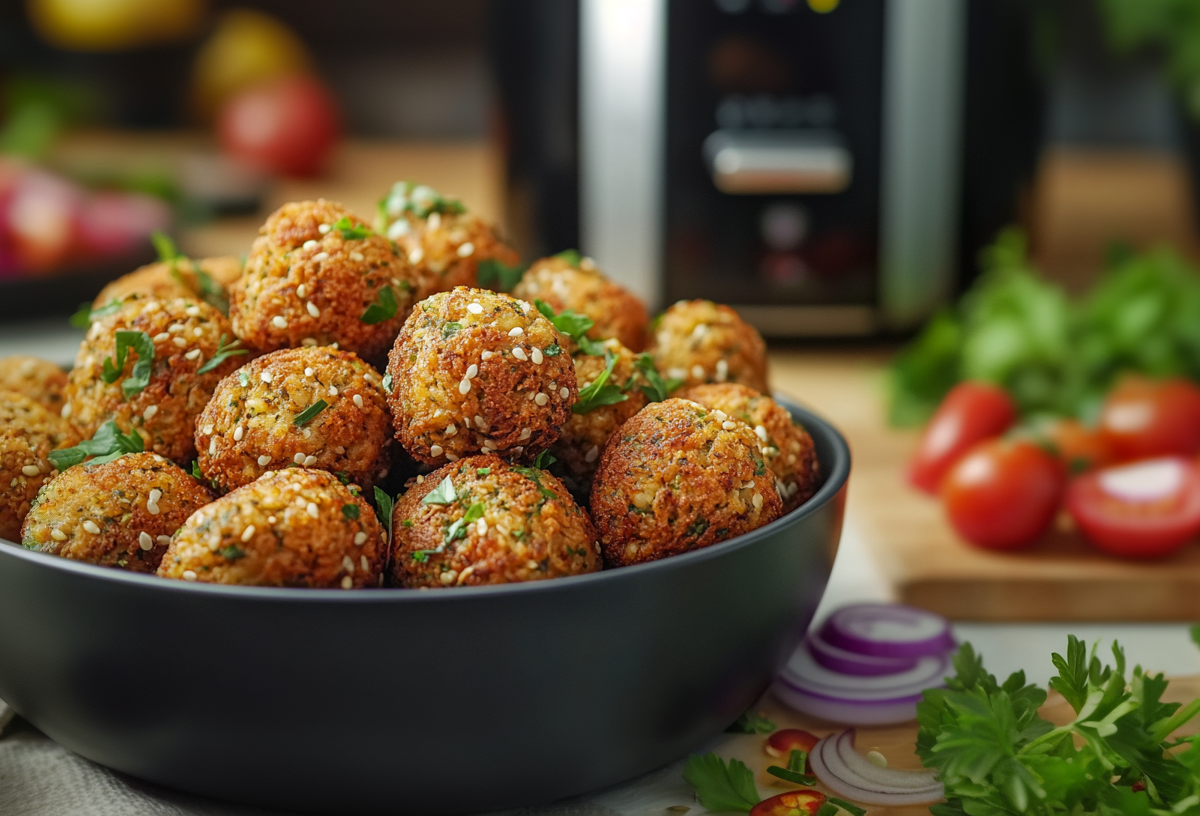 Eine Schüssel mit Falafel aus der Heißluftfritteuse.