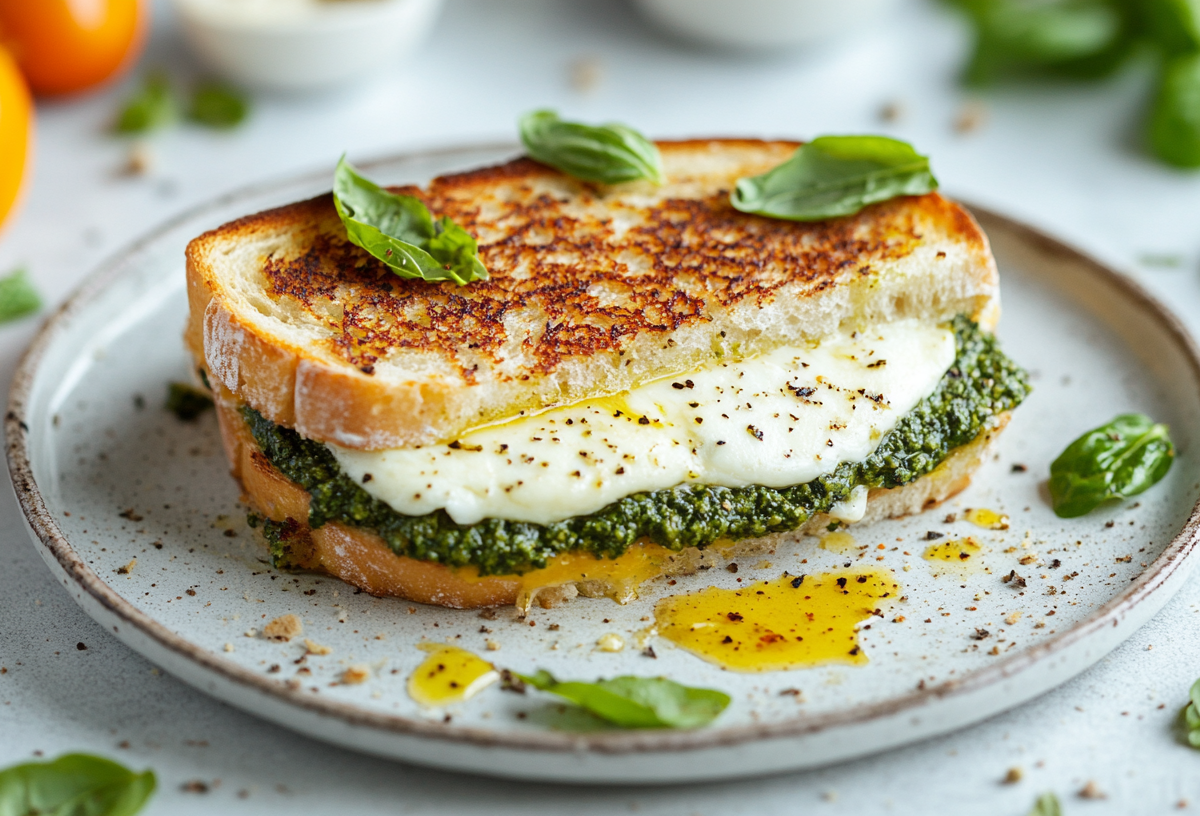 Ein Grilled Cheese mit Mozzarella und Spinat auf einem Teller, drumherum Spinatblätter und weitere Zutaten.