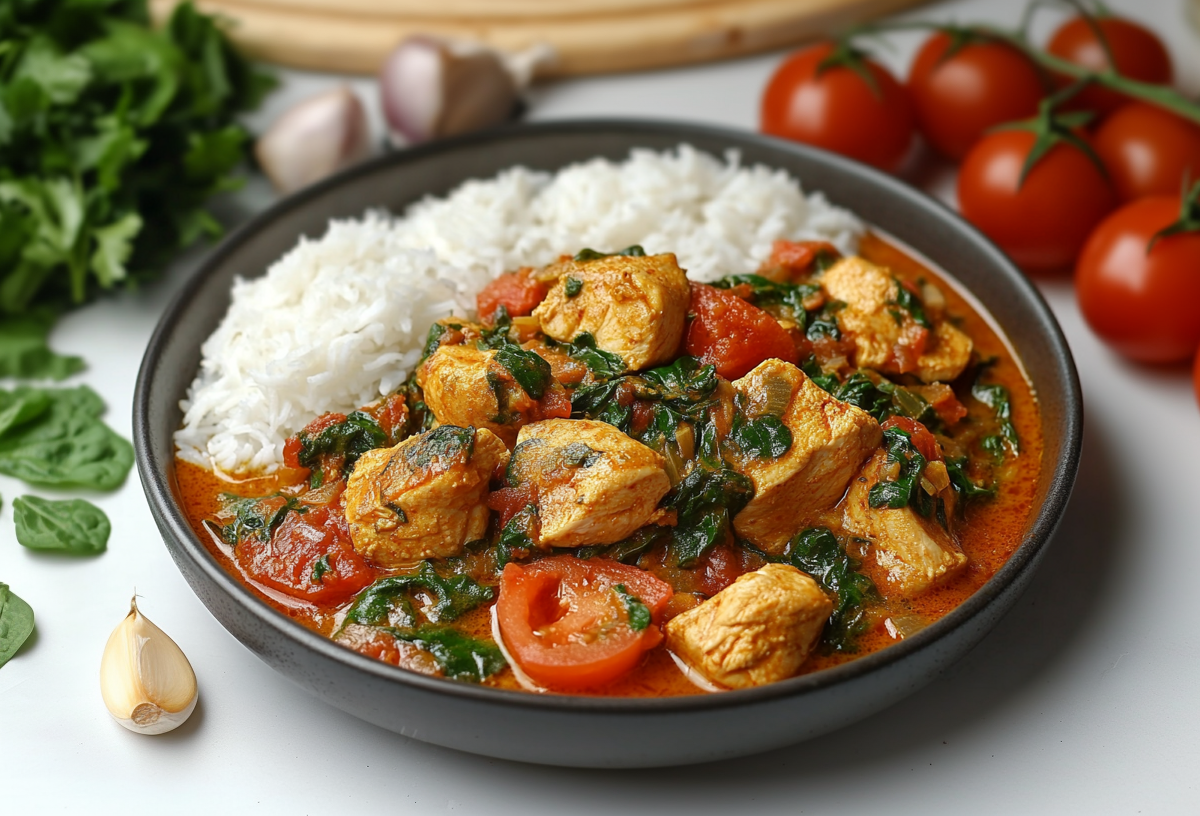 Ein Teller Reis und Hähnchen in Joghurtsoße mit Tomaten, rumherum Spinat, Tomaten und Knoblauch.