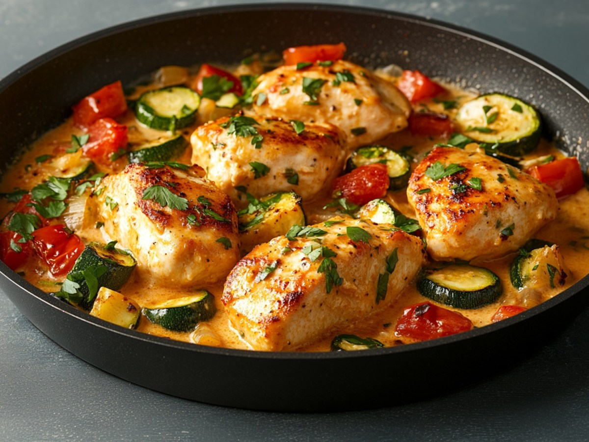 Pfanne mit Hähnchenbrust in Zucchini-Sahne-Soße