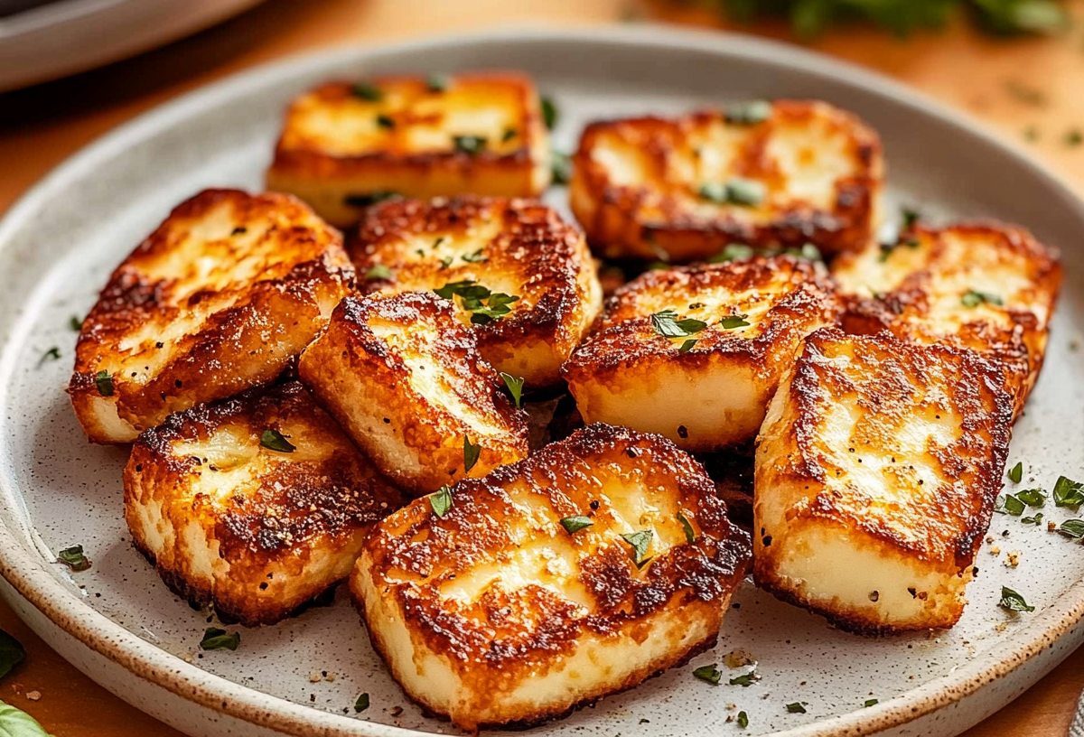 Einige Stücke Halloumi aus der Heißluftfritteuse auf einem Teller. Im Hintergrund ist ein Airfryer zu erahnen.