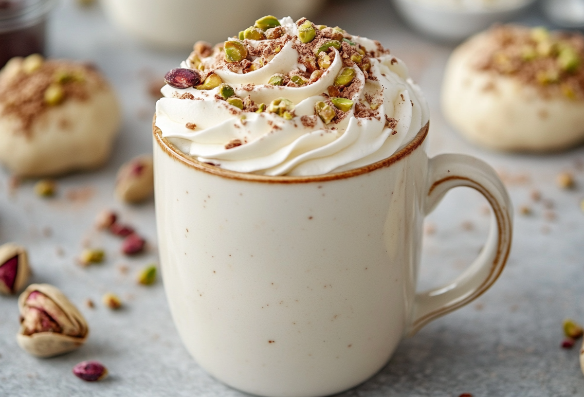 eine Tasse heiße Dubai-Schokolade mit Schlagsahne und gehackten Pistazien garniert. Drumherum Gebäck und gehackte Pistazien.