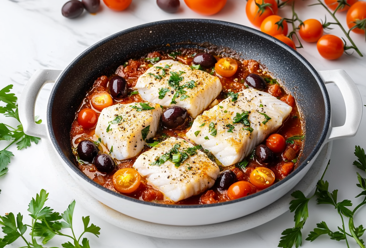Eine italienische Fischpfanne mit Tomatensoße, Tomaten und Oliven in einer Pfanne, drumherum Kräuter und Tomaten.