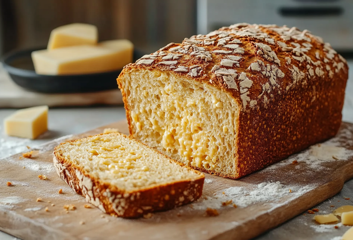 Ein angeschnittenes Käsebrot ohne Hefe.