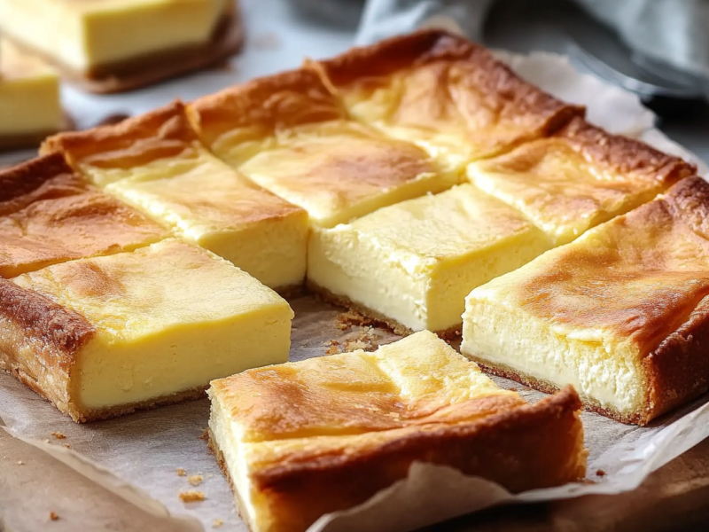 Käsekuchen mit Blätterteig vom Blech, in quadratische Stücke geschnitten.