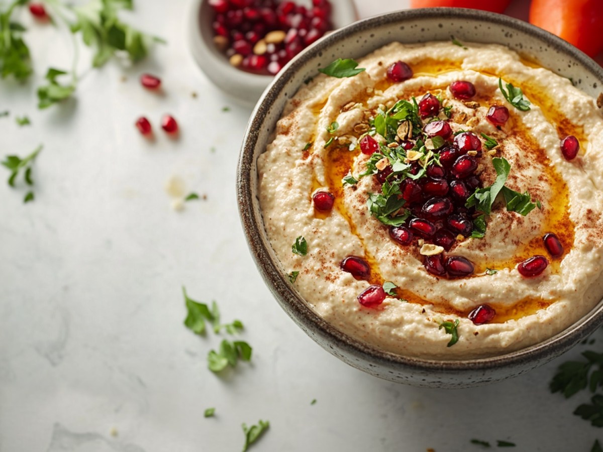 Schale mit Möhren-Frischkäse-Dip mit gehackten Pistazien und Granatapfelkernen on Top.