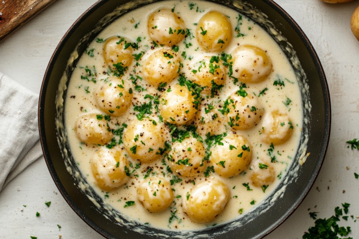 Kartoffeln in cremiger Knoblauchsoße in einer Pfanne in der Draufsicht.