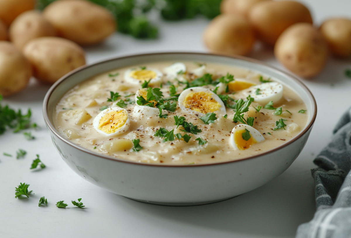 Eine Schüssel Kartoffelsuppe mit Ei, garniert mit Petersilie. Im Hintergrund unscharf einige Kartoffeln.