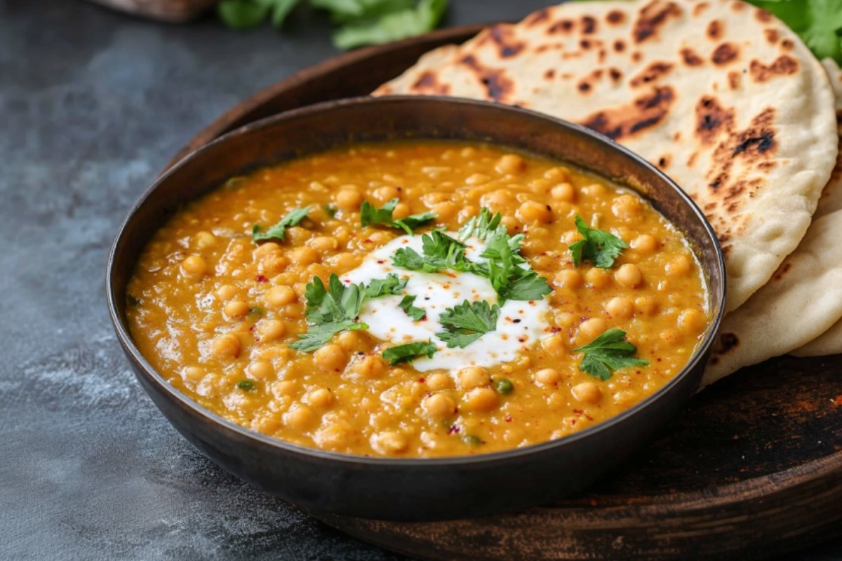 Eine Schüssel veganes Kichererbsen-Dal mit Naan-Brot.