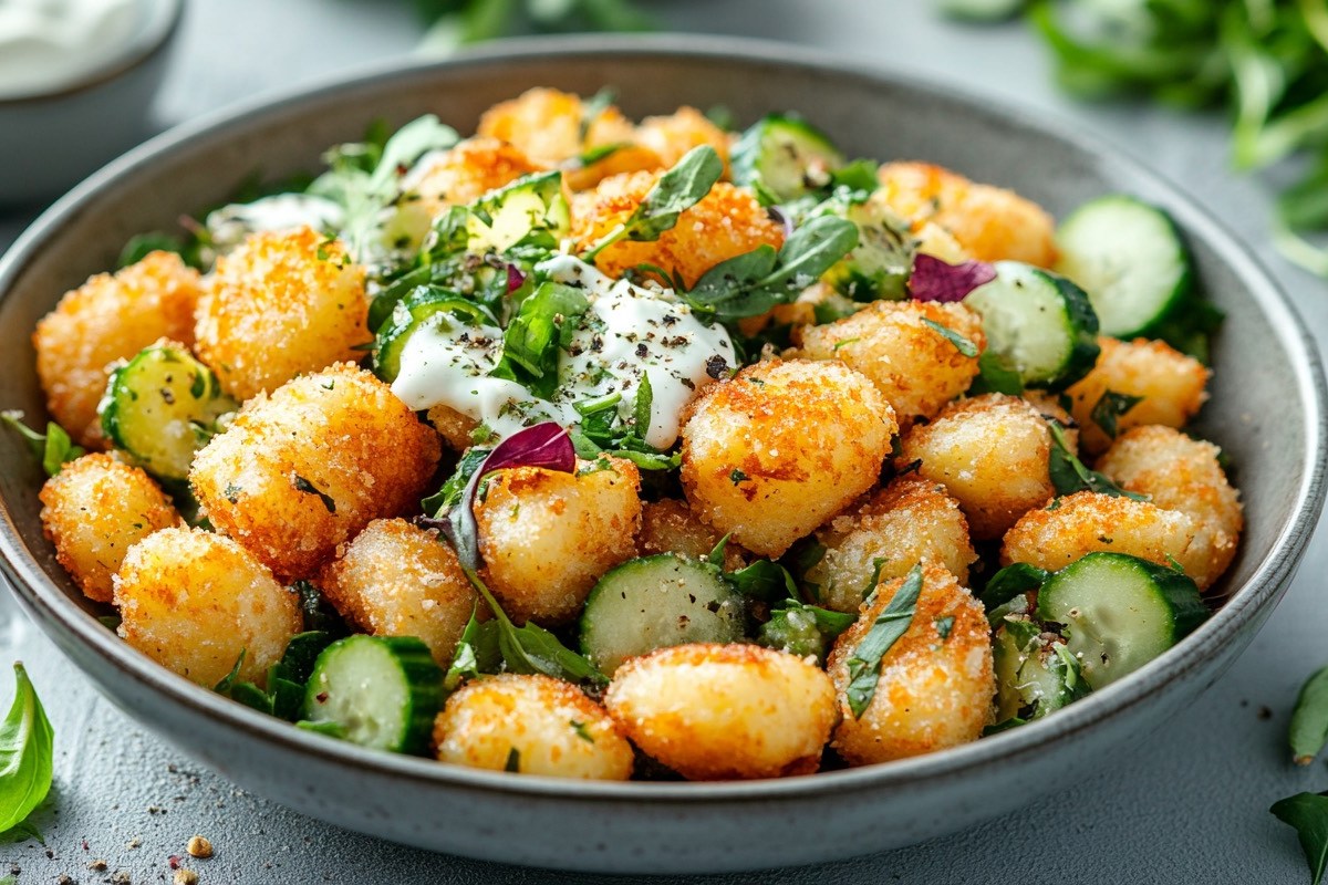 Eine Schüssel knuspriger Gnocchi-Salat mit Joghurt-Dressing.
