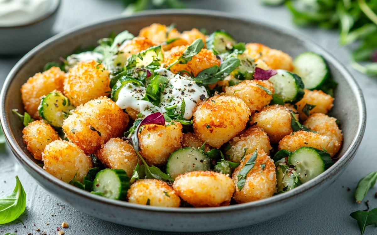 Knuspriger Gnocchi-Salat mit Joghurt-Dressing - Leckerschmecker