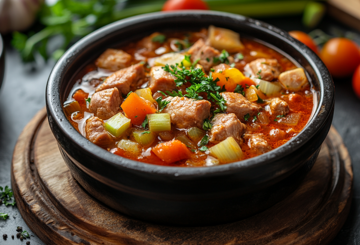 Eine Schüssel kreolischer Eintopf mit Schweinefleisch und Dosentomaten sowie Lauch. Drumherum einige Zutaten.