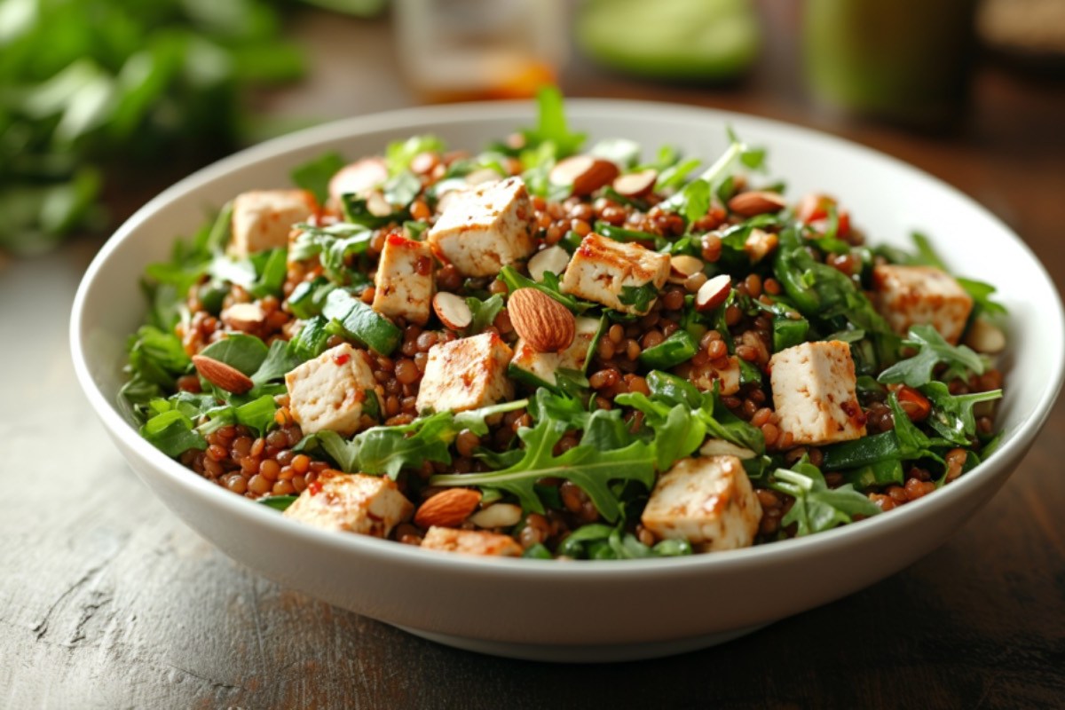 Eine Schüssel veganer Linsensalat mit Tofu.
