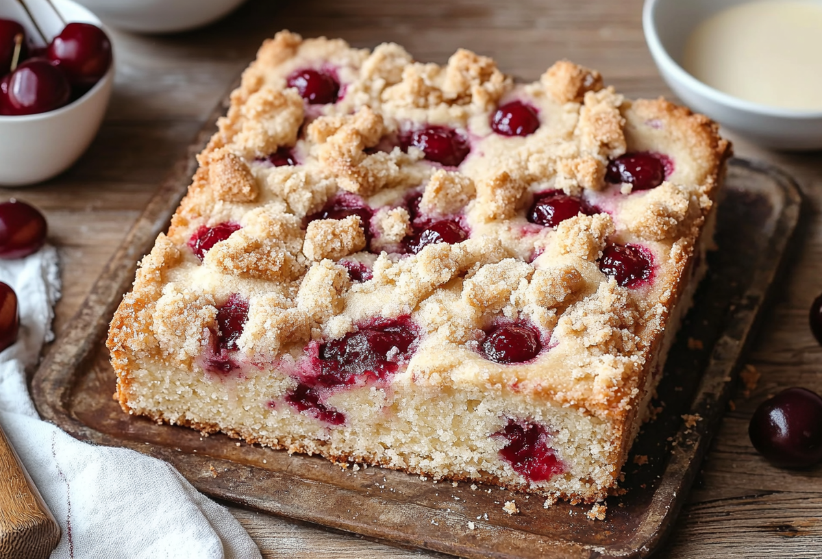 Marzipankuchen mit Kirschen vom Blech auf einer Holzplatte. Daneben liegen frische Kirschen.