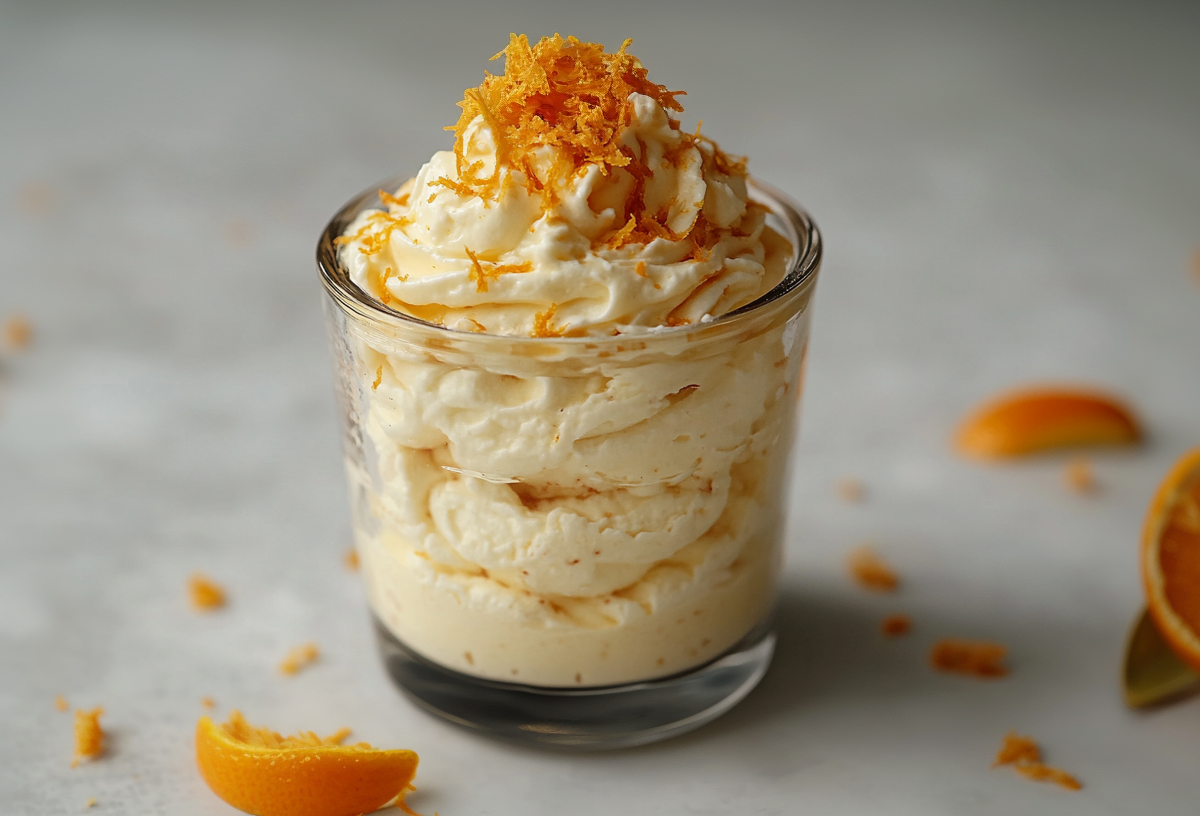 Mascarponecreme, garniert mit Orangenschale, in einem Dessertglas.