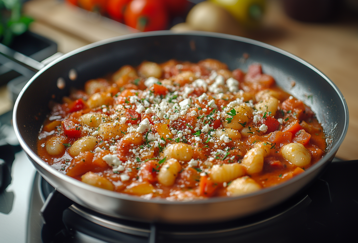Mediterrane Gnocchi-Pfanne mit Paprika und cremiger Tomatensoße, bestreut mit Feta. Die Pfanne steht auf einer Herdplatte.