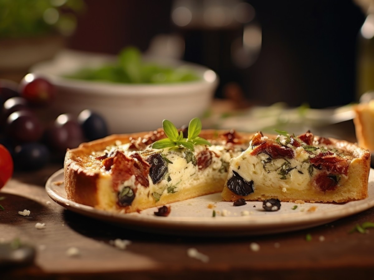 Mediterrane Quiche steht auf einem weißen Teller auf einem dunkelbraunen Holztisch. Die Quiche ist mit getrockneten Tomaten, schwarzen Oliven und Feta gefüllt. Im Hintergrund liegen frische Tomaten, schwarze Oliven und eine Schüssel mit Salat.