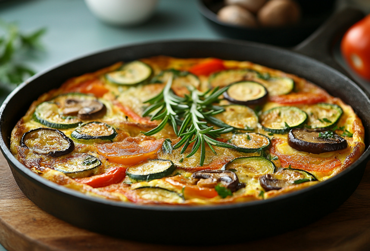 Ein mediterranes Omelett in einer gusseisernen Pfanne. Es ist mit Zucchini, Auberginen, Paprika und Pilzen zubereitet. In der Mitte liegen zwei Rosmarinzweige. Im Hintergrund liegt eine Tomate sowie eine Schale mit Pilzen.